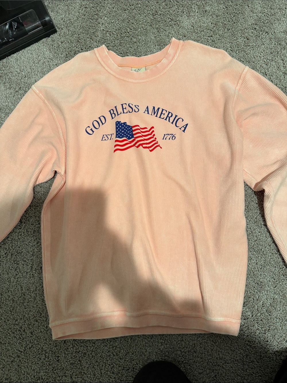 Women’s Ribbed 'God Bless America' Crewneck Sweatshirt - Peach